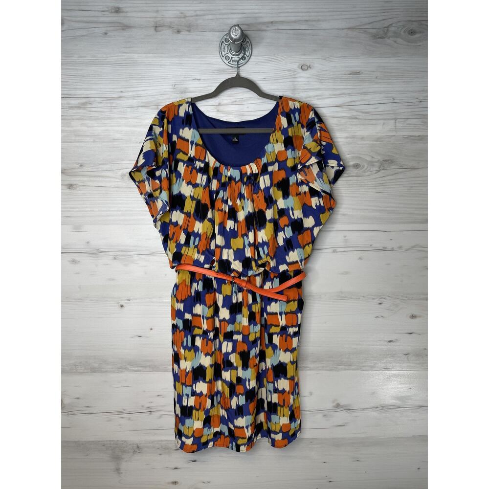 AB Studio Womens 12 Abstract Print Short Sleeve Belted Lined‎ Dress 0367R79 Blue